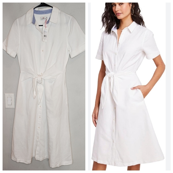 NWT Vineyard Vines Tie Front Button Linen White Dress Knee Length Midi Size 2 - Picture 1 of 16